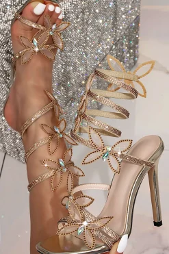 Butterfly Rhinestone Square Toe High Heels