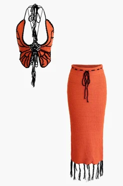 Butterfly Tie Halter Tank Top And Tassel Midi Skirt Set
