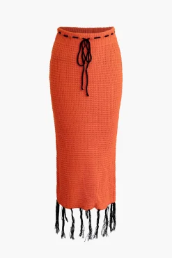 Butterfly Tie Halter Tank Top And Tassel Midi Skirt Set