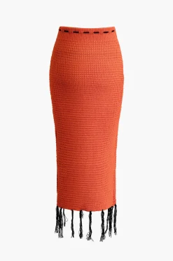 Butterfly Tie Halter Tank Top And Tassel Midi Skirt Set
