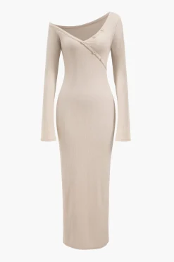 Button Asymmetric Neck Long Sleeve Maxi Dress
