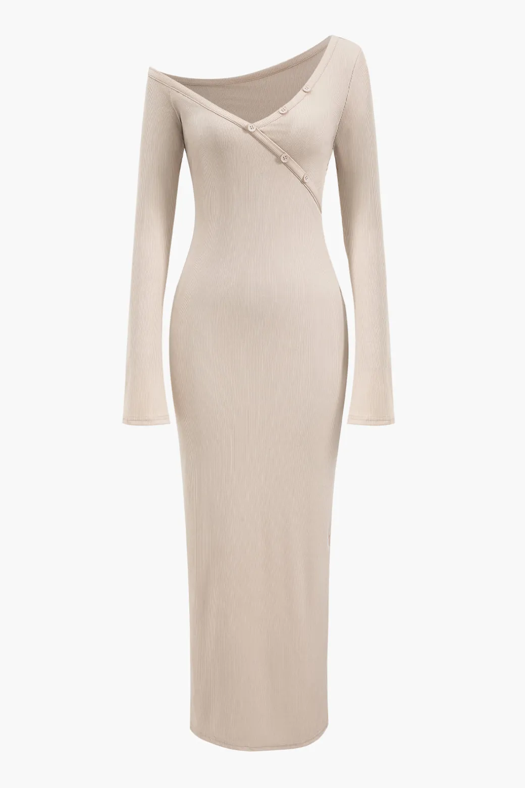 Button Asymmetric Neck Long Sleeve Maxi Dress