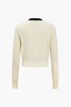 Button Color Block Sweater Long-Sleeve Top