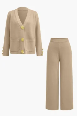 Button Detail Knit Cardigan And Wide-Leg Pants Set