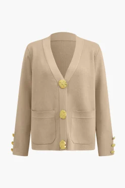 Button Detail Knit Cardigan And Wide-Leg Pants Set