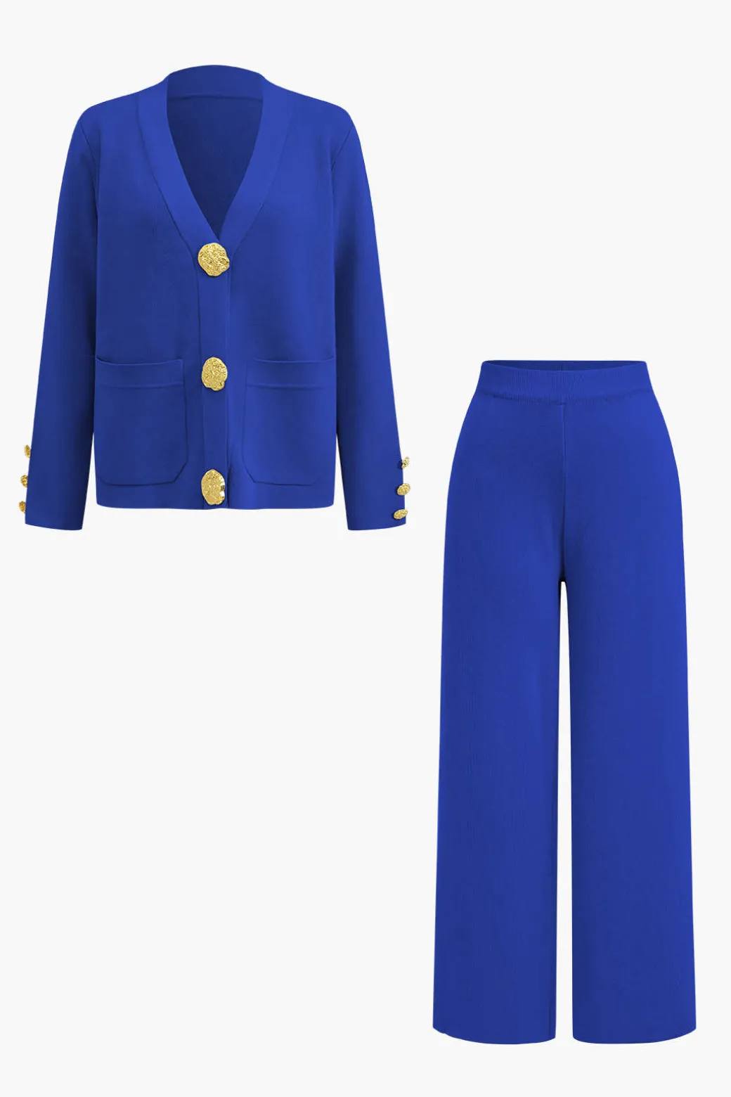 Button Detail Knit Cardigan And Wide-Leg Pants Set