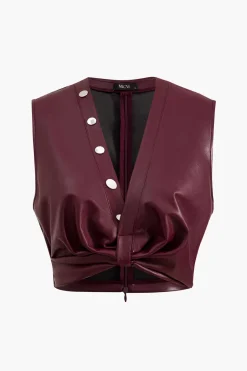 Button Detail Twist Front Faux Leather Crop Tank Top