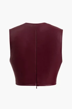 Button Detail Twist Front Faux Leather Crop Tank Top