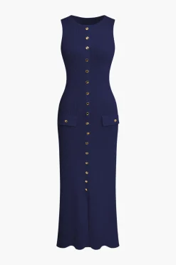 Button Front Sleeveless Ribbed Knit Maxi Dress
