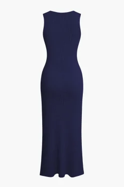 Button Front Sleeveless Ribbed Knit Maxi Dress