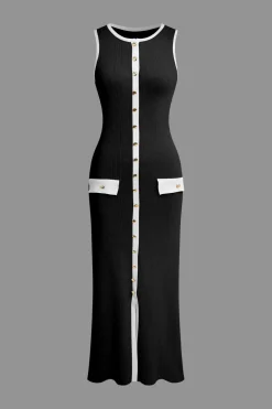 Button Front Sleeveless Ribbed Knit Maxi Dress