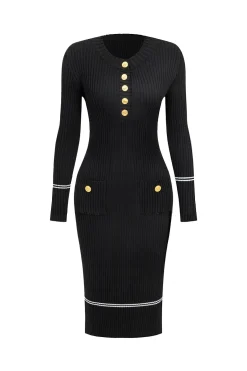 Button Knit Tie-Up Pocket Sweater Dress