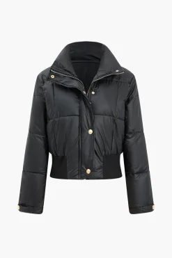 Button Padded Stand Collar Long Sleeve Puffer