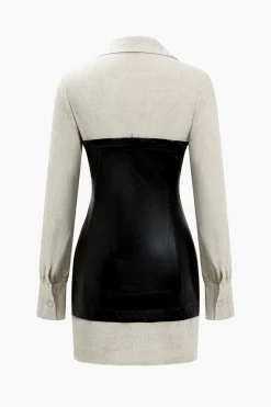 Button Patchwork Faux Leather Mini Dress