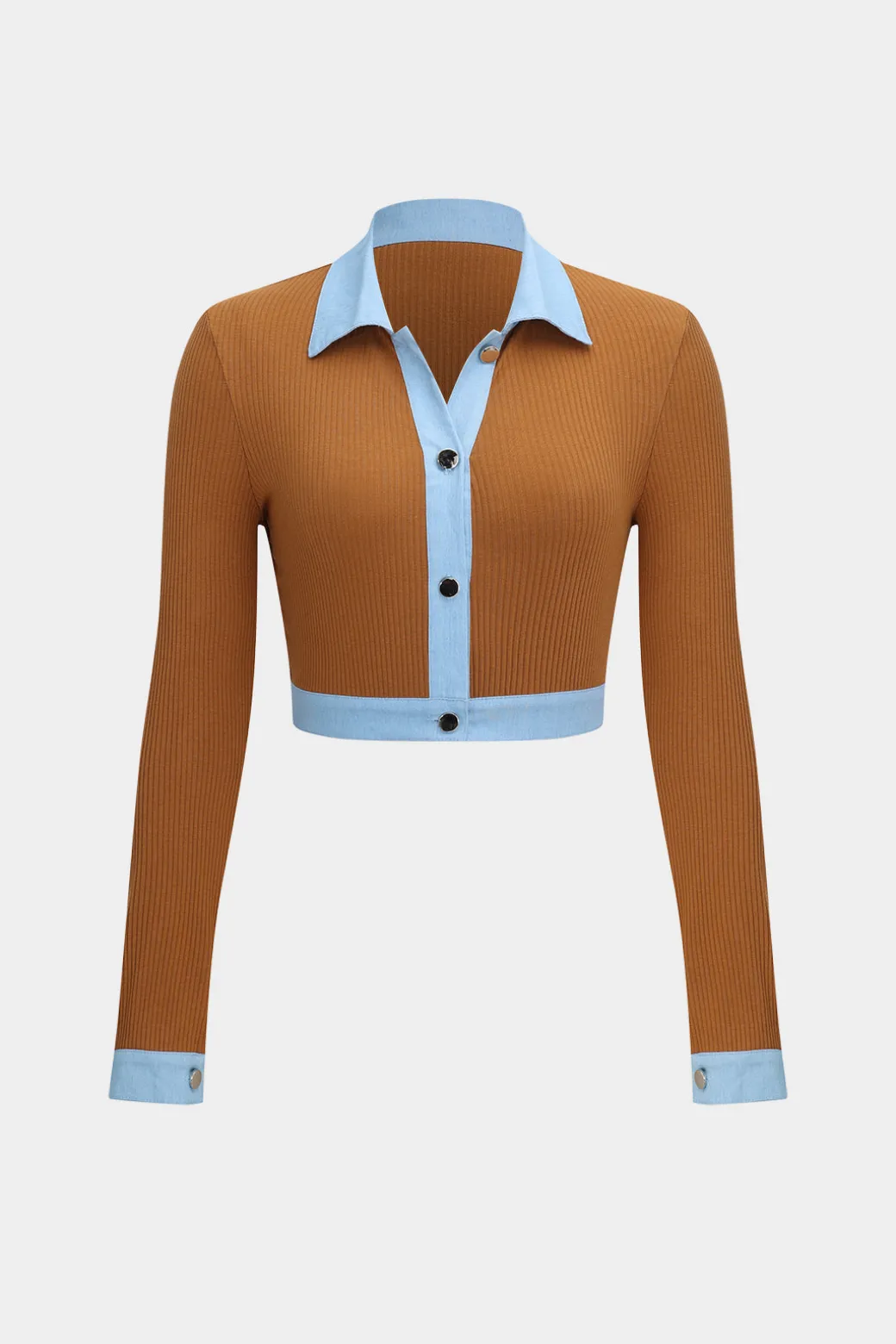 Button Patchwork Long Sleeve Top And Zipper Trousers Set
