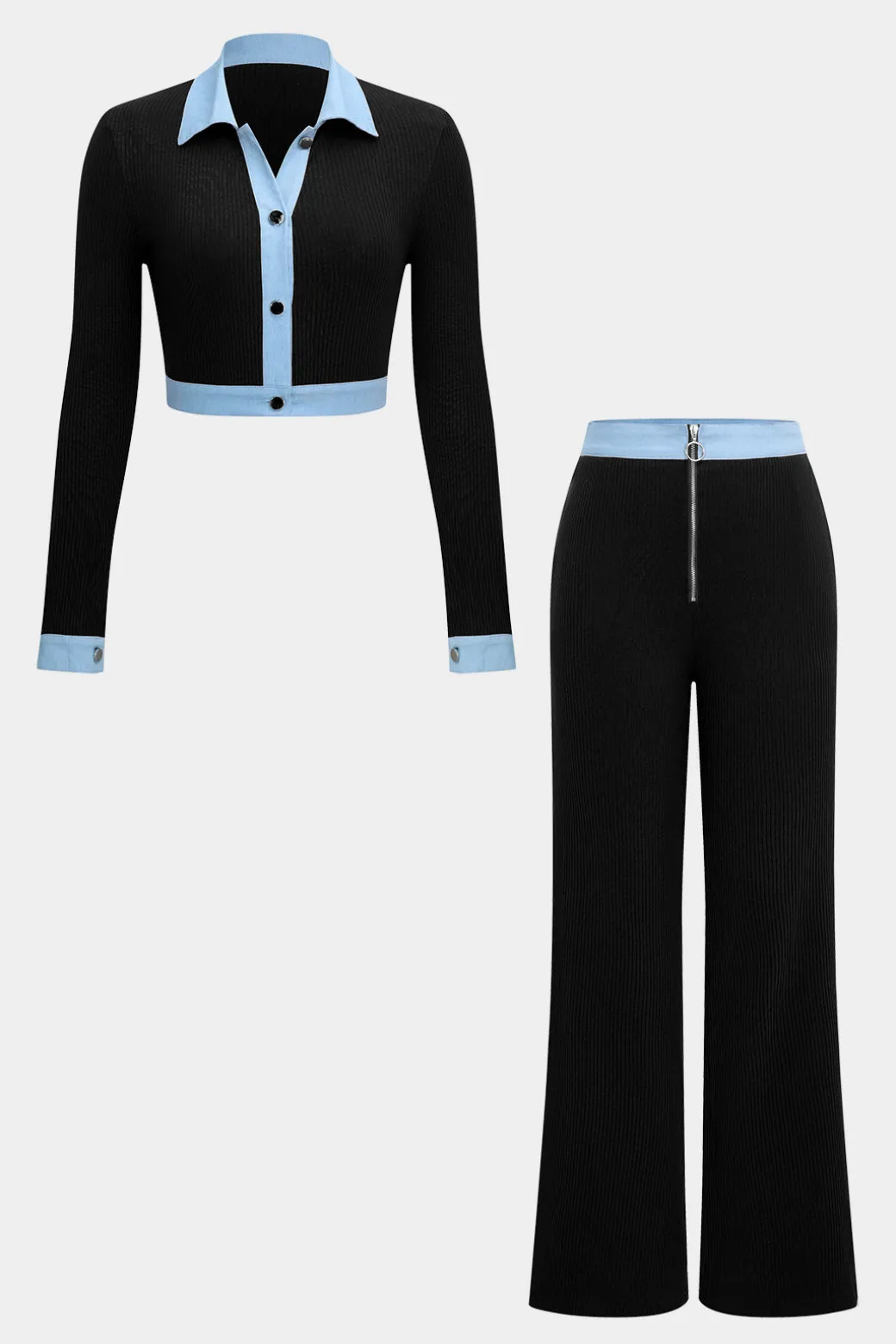 Button Patchwork Long Sleeve Top And Zipper Trousers Set