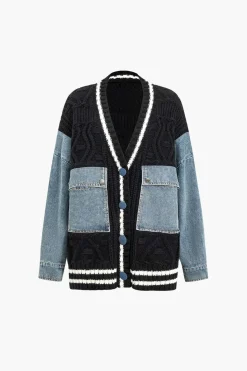 Button Patchwork Pocket Sweater Cardigan