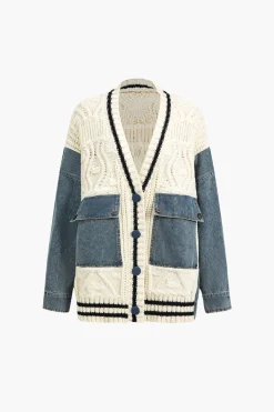 Button Patchwork Pocket Sweater Cardigan