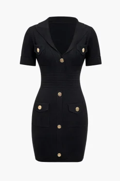 Button Pocket V-Neck Midi Dress