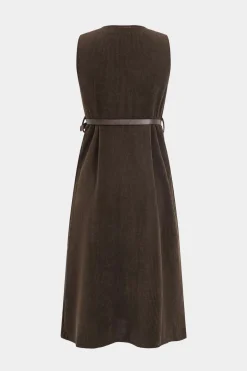 Button V-Neck Belted Long Sleeve Corduroy Maxi Dress