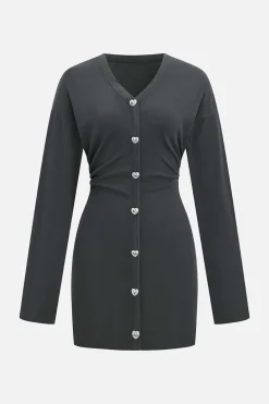 Button V-Neck Long Sleeve Mini Dress