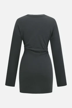 Button V-Neck Long Sleeve Mini Dress
