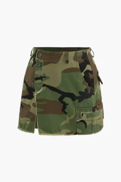 Camo Frayed Hem Cargo Skirt