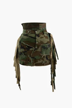 Camo Frayed Patchwork Fringe Mini Skirt