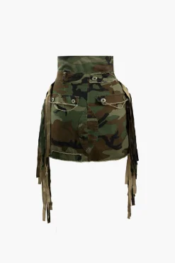 Camo Frayed Patchwork Fringe Mini Skirt