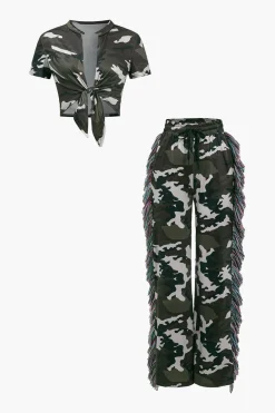 Camo Print Fringe Pocket Top And Trouser Set
