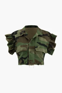 Camo Ruffle Sleeve Crop Frayed T-Shirt