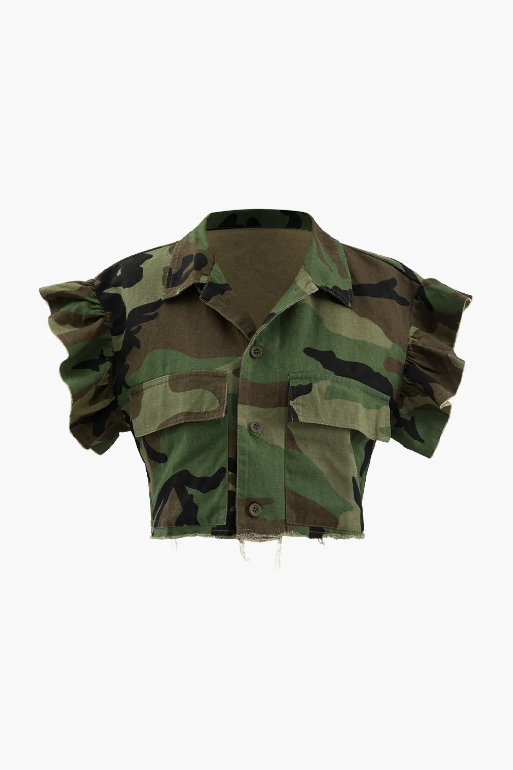 Camo Ruffle Sleeve Crop Frayed T-Shirt