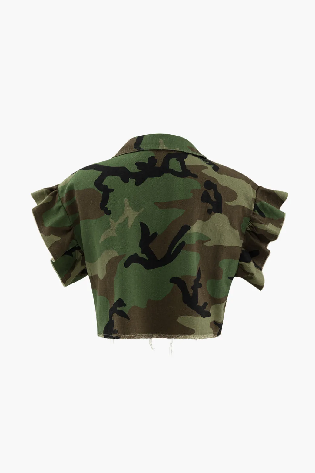 Camo Ruffle Sleeve Crop Frayed T-Shirt