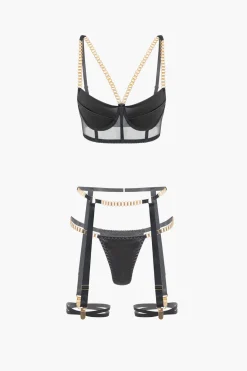 Chain Bustier Contrast Mesh Lingerie Garter Set