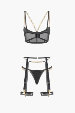 Chain Bustier Contrast Mesh Lingerie Garter Set