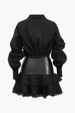 Chiffon Faux Leather Patchwork Ruffle Long Sleeve Mini Dress