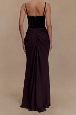 Chiffon Velvet Patchwork Ruched V-Neck Sleeveless Maxi Dress