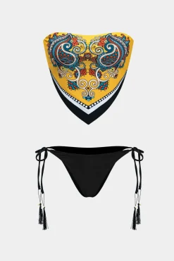 Chinoserie Print Contrast Color Block Tie-Up Bikini Set