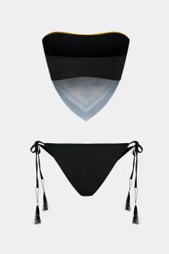 Chinoserie Print Contrast Color Block Tie-Up Bikini Set