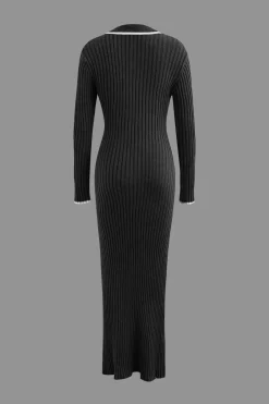 Collar Button Long Sleeve Knit Maxi Dress
