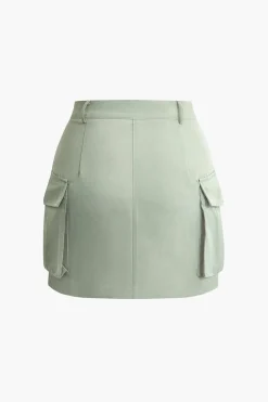 Collared Flap Pocket Drawstring Crop Top And Mini Skirt Set