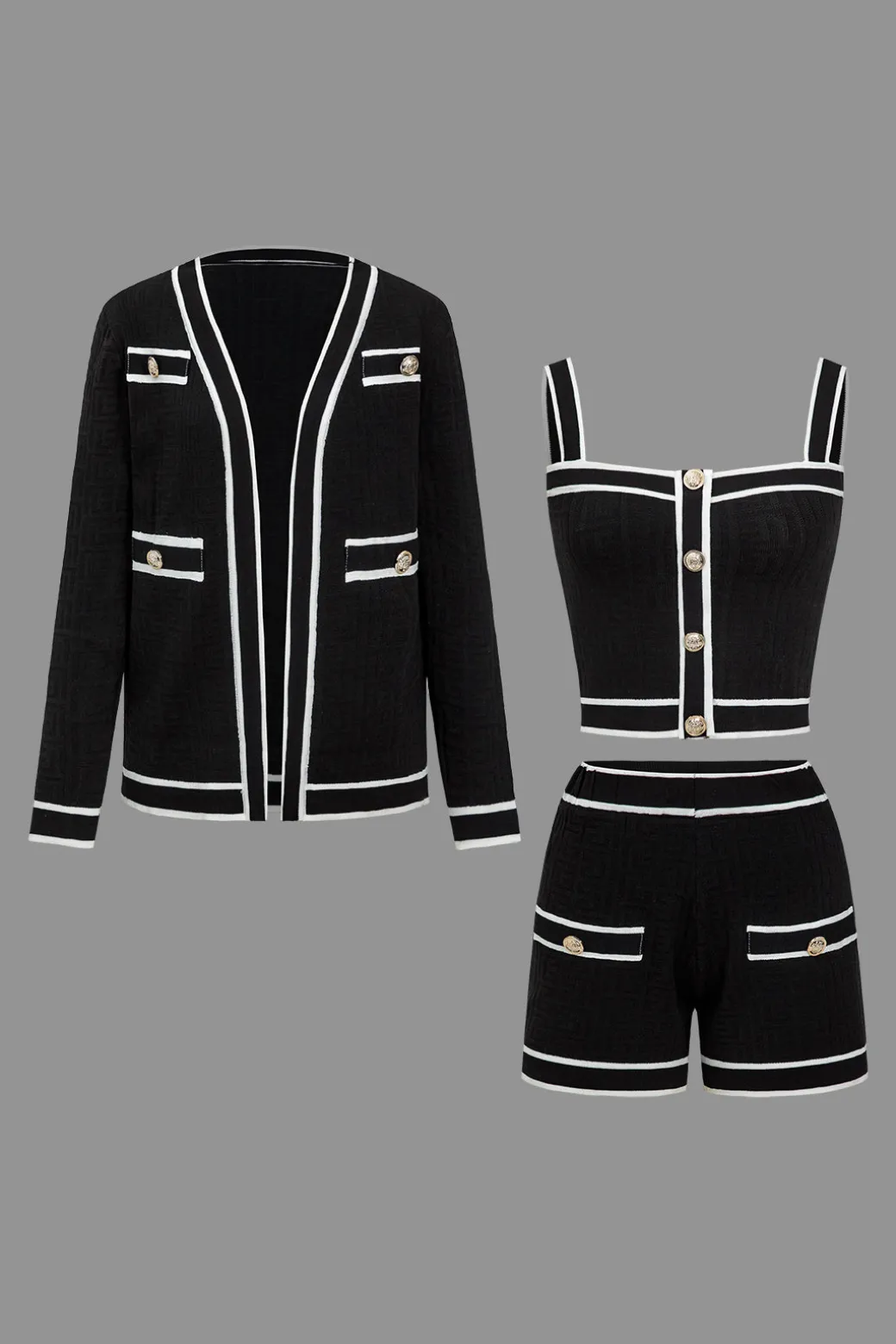 Color Block Button Cami Top And Shorts And Sweater Cardigan Set