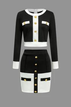 Color Block Button Pocket Skirt Set