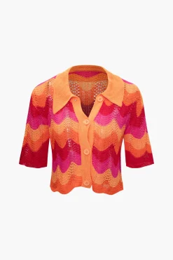Color Block Crochet Knit Short Sleeve Top