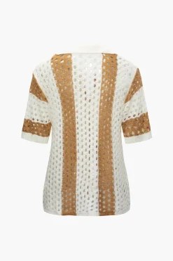 Color Block Crochet Open Knit Button Up Top And Shorts Set