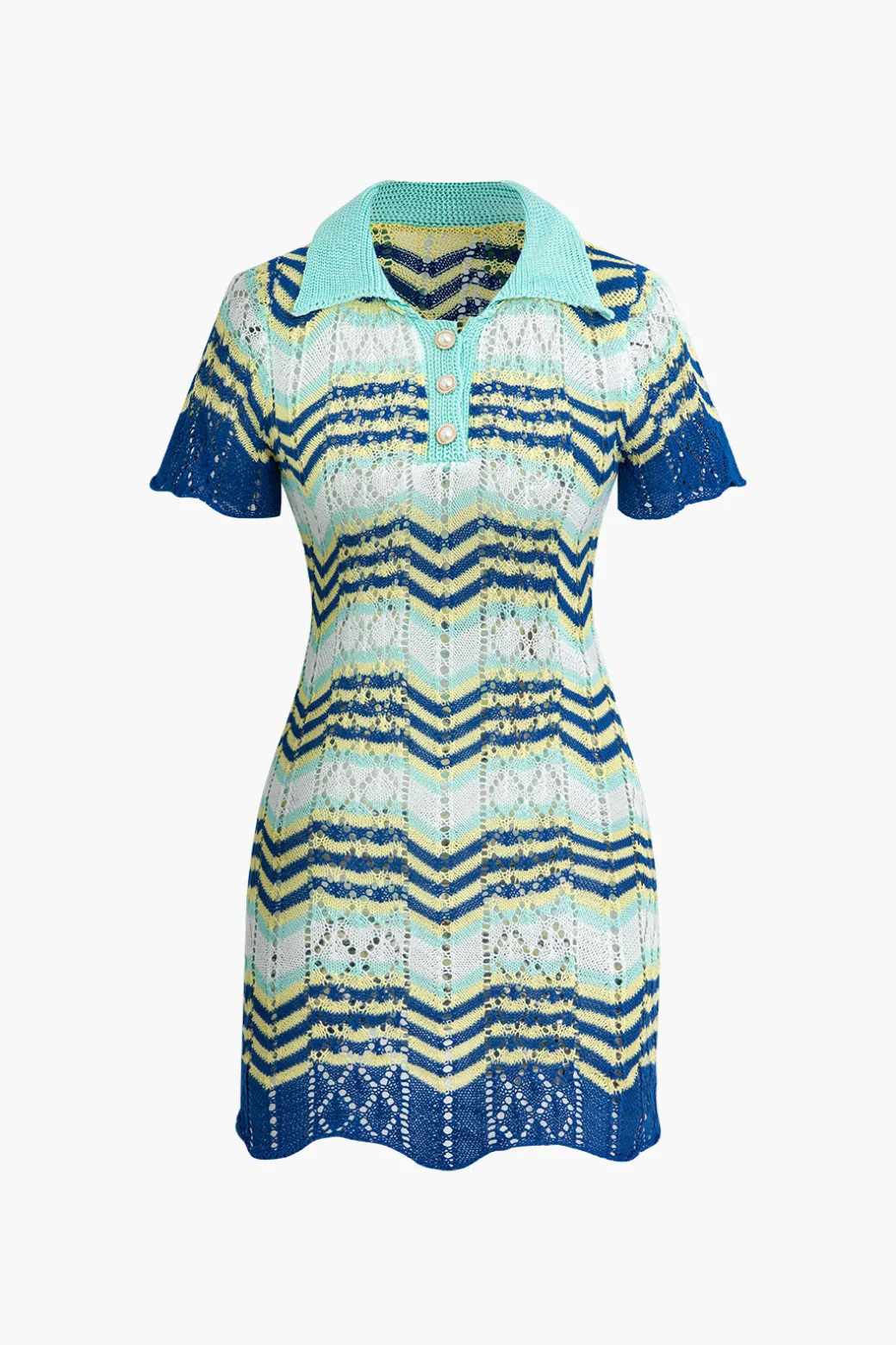 Color Block Crochet Polo Collar Short Sleeve Mini Dress