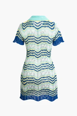 Color Block Crochet Polo Collar Short Sleeve Mini Dress
