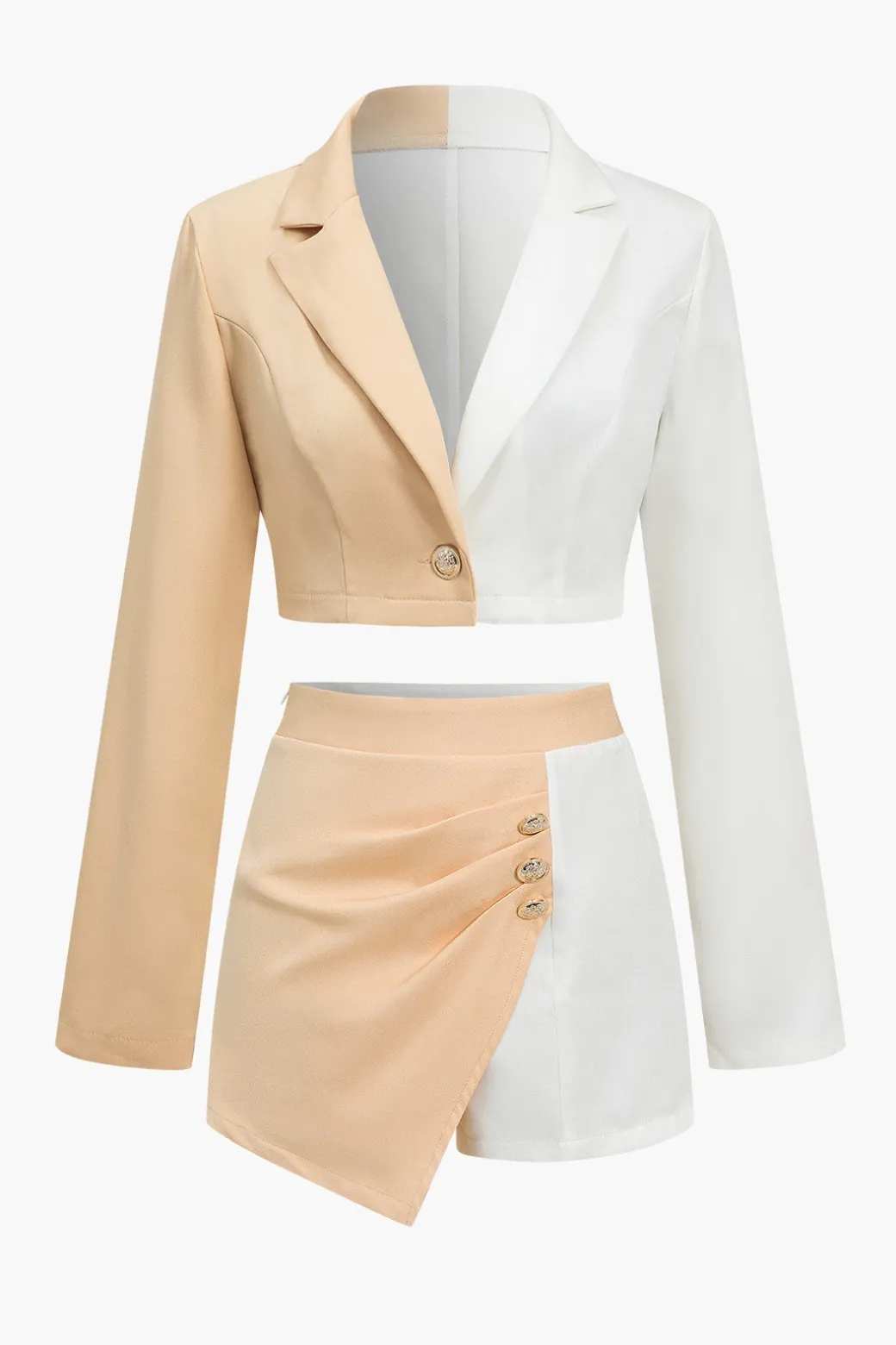 Color Block Cropped Blazer And Button Detail Skort Set