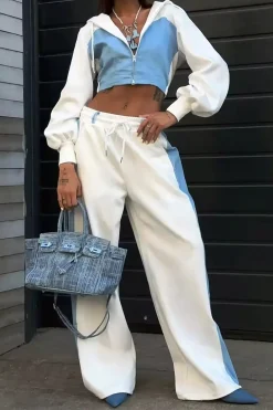 Color Block Denim Patchwork Hooded Zipper Jacket And Trousers Set