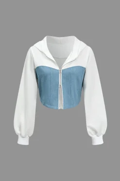 Color Block Denim Patchwork Hooded Zipper Jacket And Trousers Set